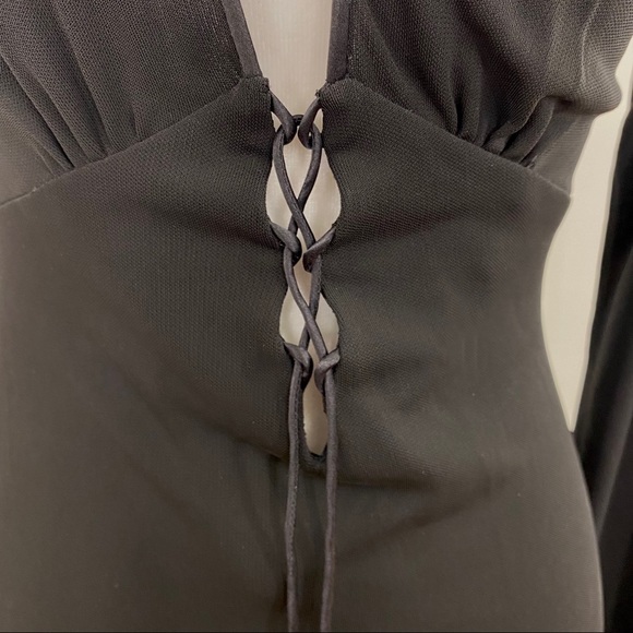 VTG Kenth Andersson Black Deep V Tie Front Long Sleeve Fitted Maxi Dress - Picture 6 of 9